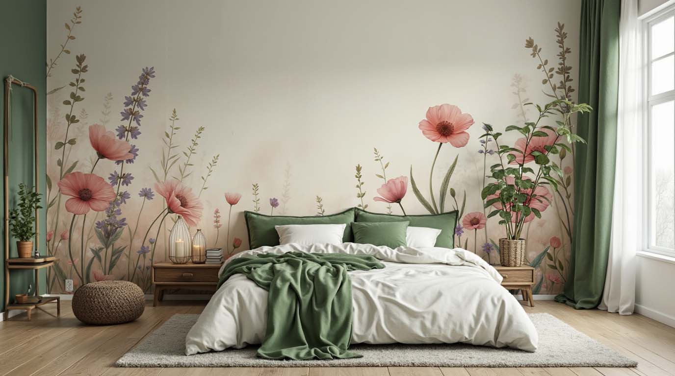 Prairie Florale Pastel en Rose Poudré et Vert Sauge