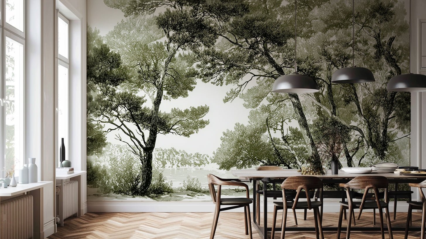 Forêt Bohème Illustrée en Vert Sauge