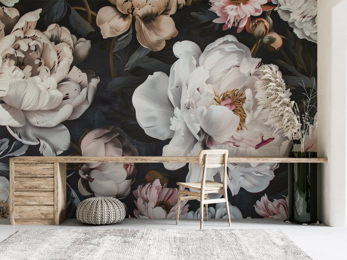 Pivoines Majestueuses en Blanc et Rose sur Fond Noir Profond