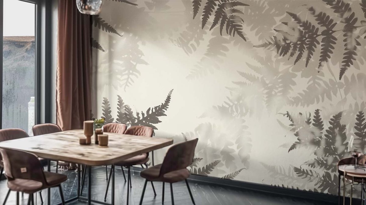 Fougères en Ombres Portées en Beige Lin et Brun Taupe